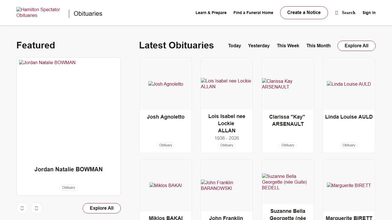 Obituaries Hamilton Spectator